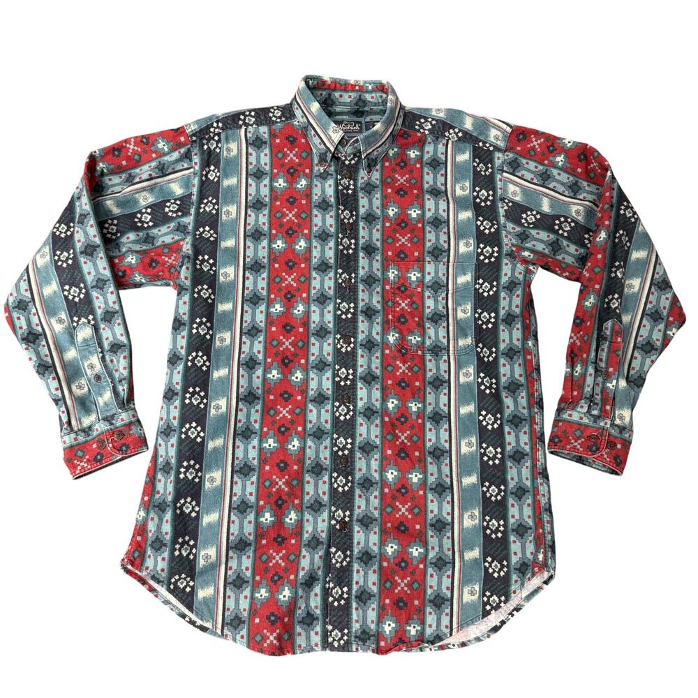 Vintage 90s Y2k Woolrich Aztec Print Flannel Shirt Southwestern Western Cowboy M